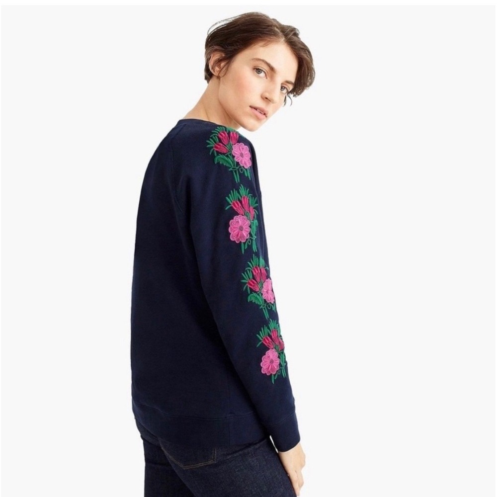 J.Crew Embroidered Floral Sweatshirt Navy Pink Flowers Women's Size S Cotton - Picture 3 of 10